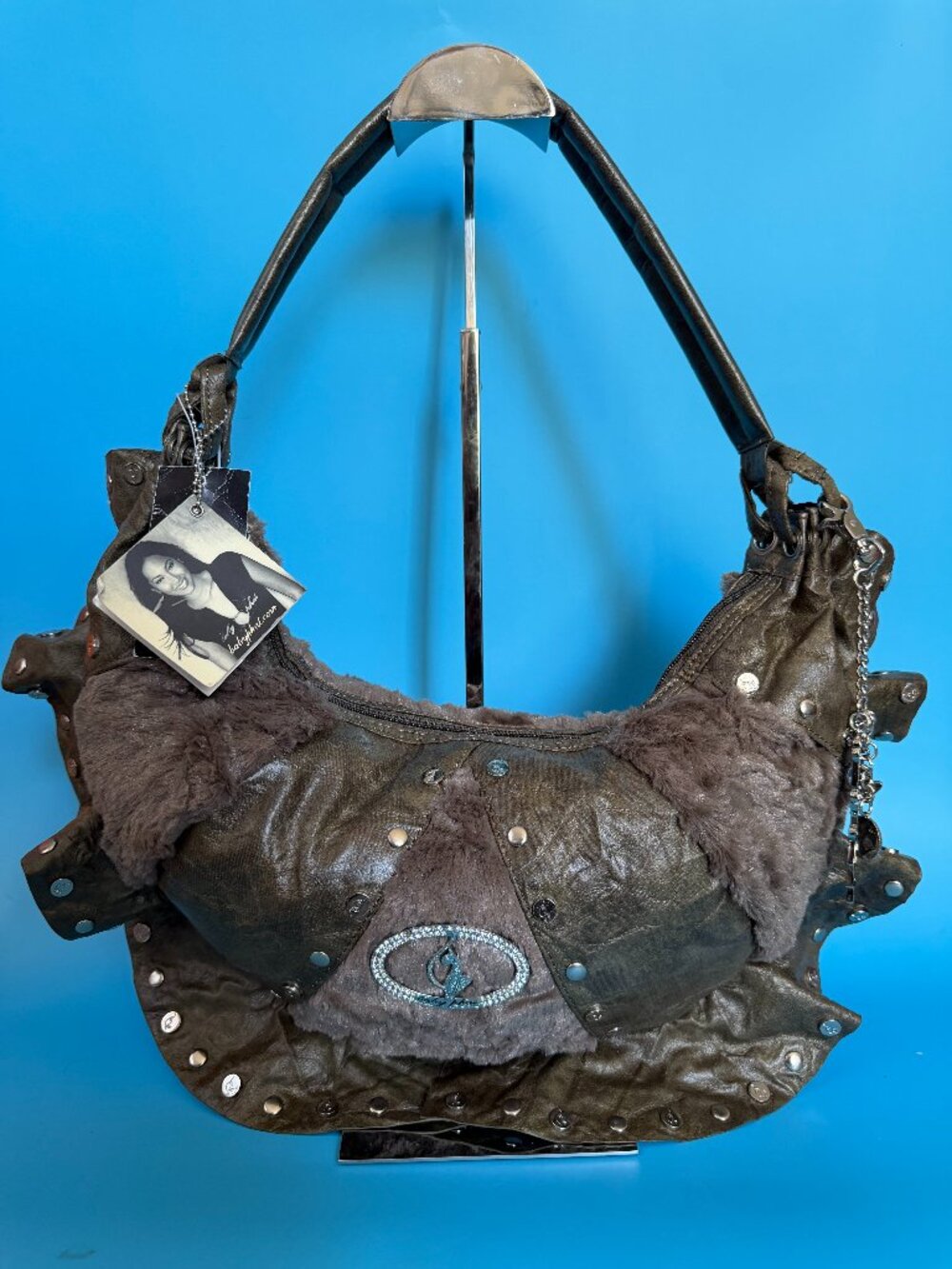 Baby Phat Y2K Olive Leather Fur Hobo Bag  Kimora Studded Rhinestone